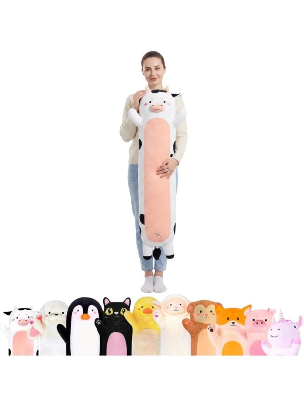Cozy Cow Print Plush Body Pillow for Kids, Large 47" Cuddle Cushion